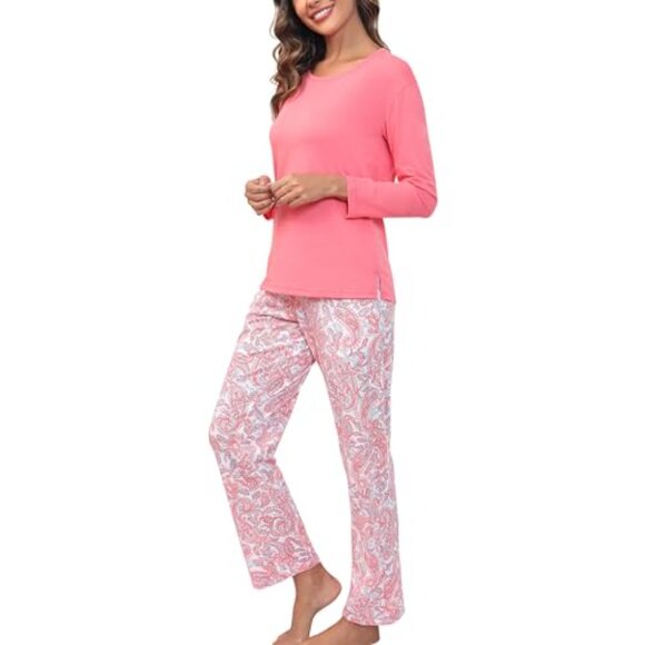 Women's Long Sleeve Cotton Pajama Set with Pockets, Size S-M-L-XL-XXL